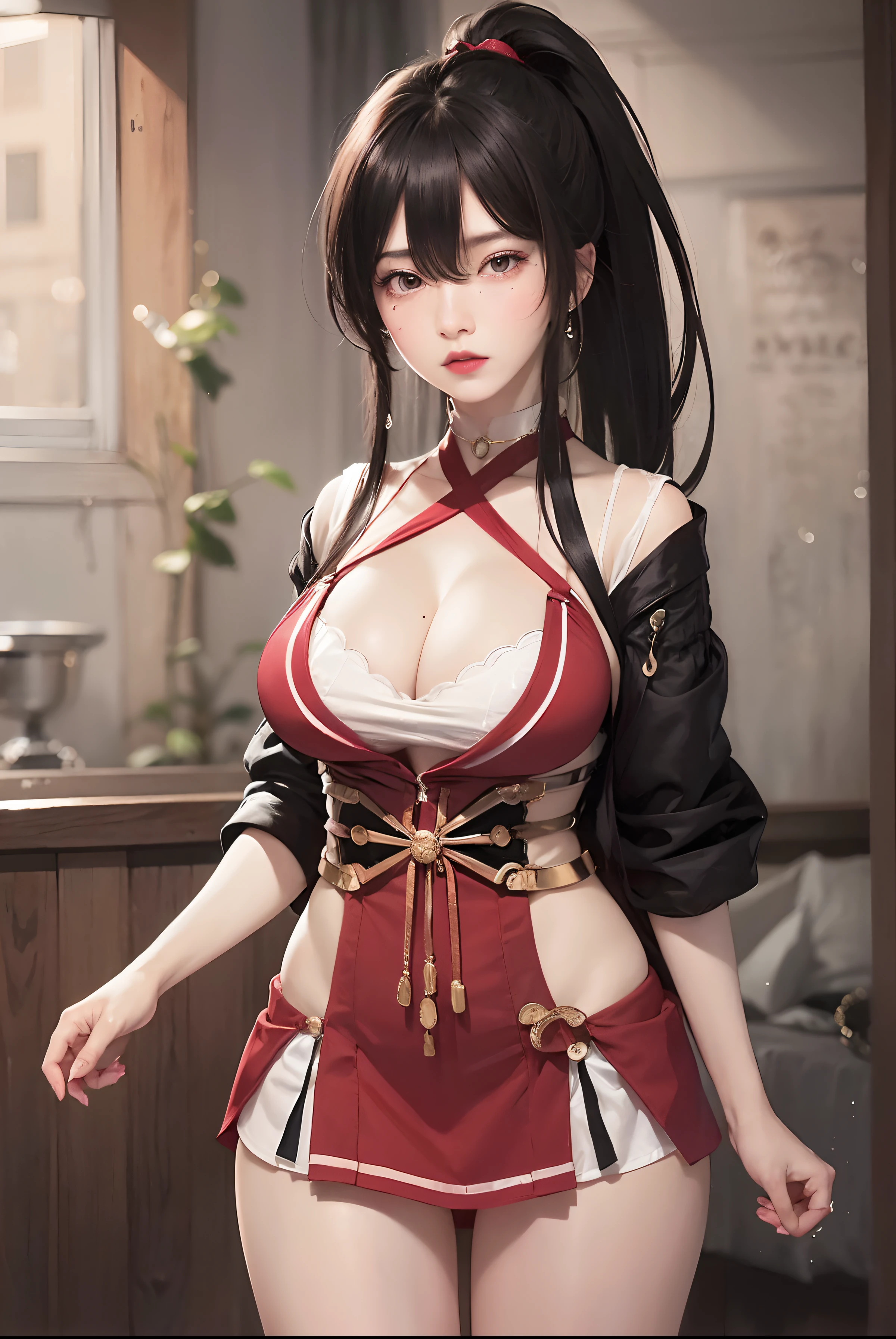 Black hair bob, (8k, RAW photo, photorealistic: 1.25), (more lip gloss, more eyelashes, watery eyes, highest quality, ultra high resolution, depth of field, chromatic aberration, caustics, wide light, natural color, Japanese, female in her 30s, (straddle: 1.5, cowgirl)) Staring at the viewer, very angry, crying, red eyes, too many necklaces, collars, too many accessories, full body , huge breasts, mole on the chest, raw legs, small black underwear, huge breasts that do not fit in the bra, white bed, disheveled futon