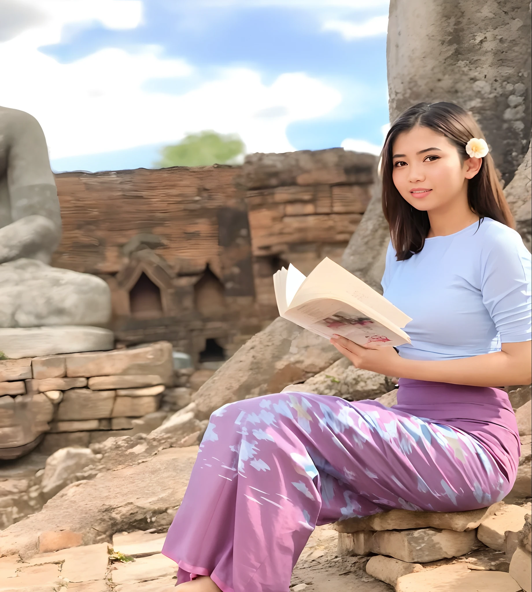 arafed woman sitting on a rock reading a book, sukhothai costume, at an ancient city, temples behind her, in front of a temple, village girl reading a book, ancient ruins behind her, anime thai girl, sitting on temple stairs, in ancient city ruins, high quality image, traditional clothes, with a castle in the background