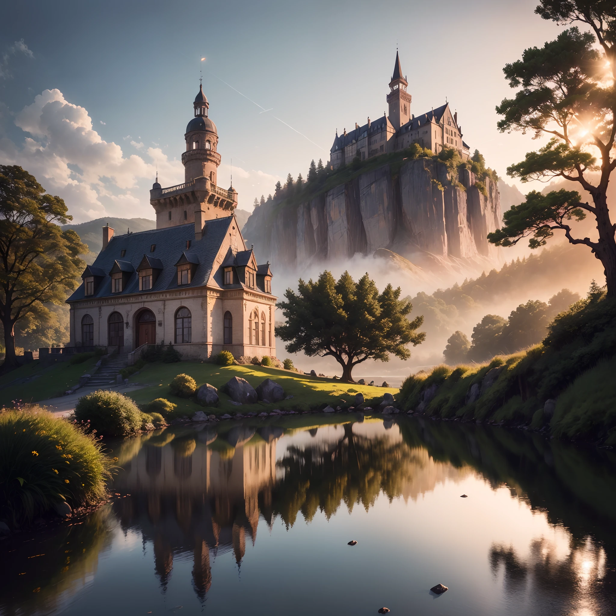 As the sun sets,The picturesque scene unfolds, From behind the mountain, a blood-red glow was cast on the earth. Stand proudly on top of the hill, An ancient and mysterious castle appears, Its silhouette is both elusive and majestic, Flashing lights stand out even more. The tranquil lake in front of the castle reflects its enchanting beauty, Create the illusion of a fantasy realm. by lake, with towering trees reaching towards the sky, Decorated with lush vibrant canopies, Colorful flowers with a charming fragrance. Above the sky, Countless stars twinkle like diamonds, Illuminate the night with the mystery of the universe. (Best quality,4K,8K,A high resolution,Masterpiece:1.2),Ultra-detailed,(Realistic,Photorealistic,photo-realistic:1.37) Artistic style: landscape, Charming hues: warm, vibrant lighting: soft, Ethereal studio lighting