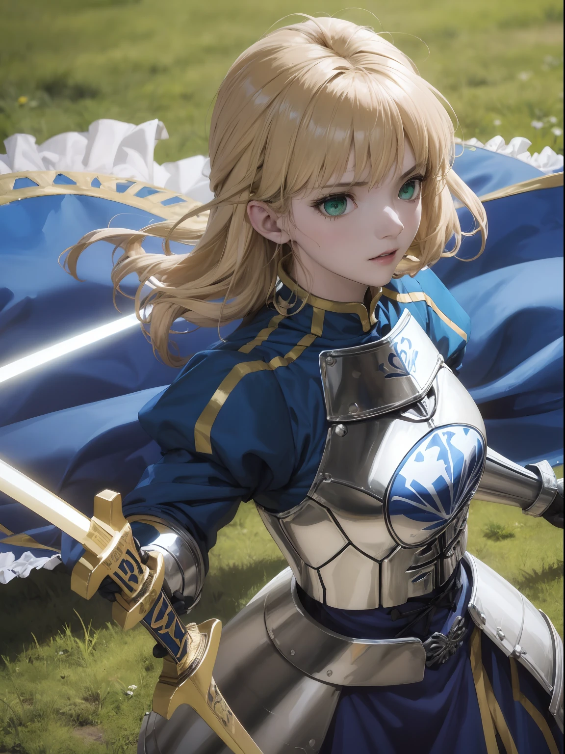 1girll，A face，Artoria，king arthur，King of Britain，FATE series，Knight King，medieval times，Majesty，((Bright blonde hair))，Stand on the grass，Golden sword，The sword is in the middle of the picture，Close-up of the sword，Plug it into the ground，Sword in both hands，ln the forest，Serious expression，Heavy sterling silver armor，Sterling silver leg armor，Sterling silver armour，Dark blue heavy cape，Fur edges，Huge dark blue round battle skirt，Gold lace，Coiled hair，Poor milk，Green eyes，Solitude，A half body，(超高分辨率)，(Ultra-high sharpness)，tmasterpiece，品质最佳