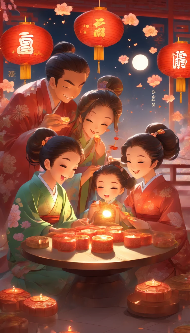 A family of three eating mooncakes,Happy looks of parents and children,There are mooncakes on the table, Food in hand, tea drinking and paper lanterns, The moon is in the sky,Chinese style painting, exciting illustration