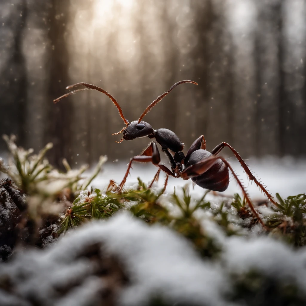 a huge ant in the snowy forest