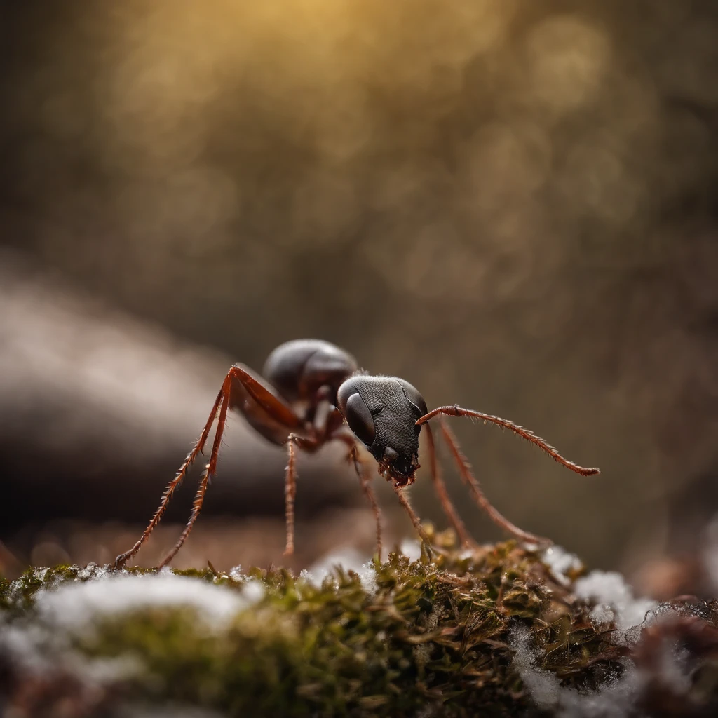 a huge ant in the snowy forest