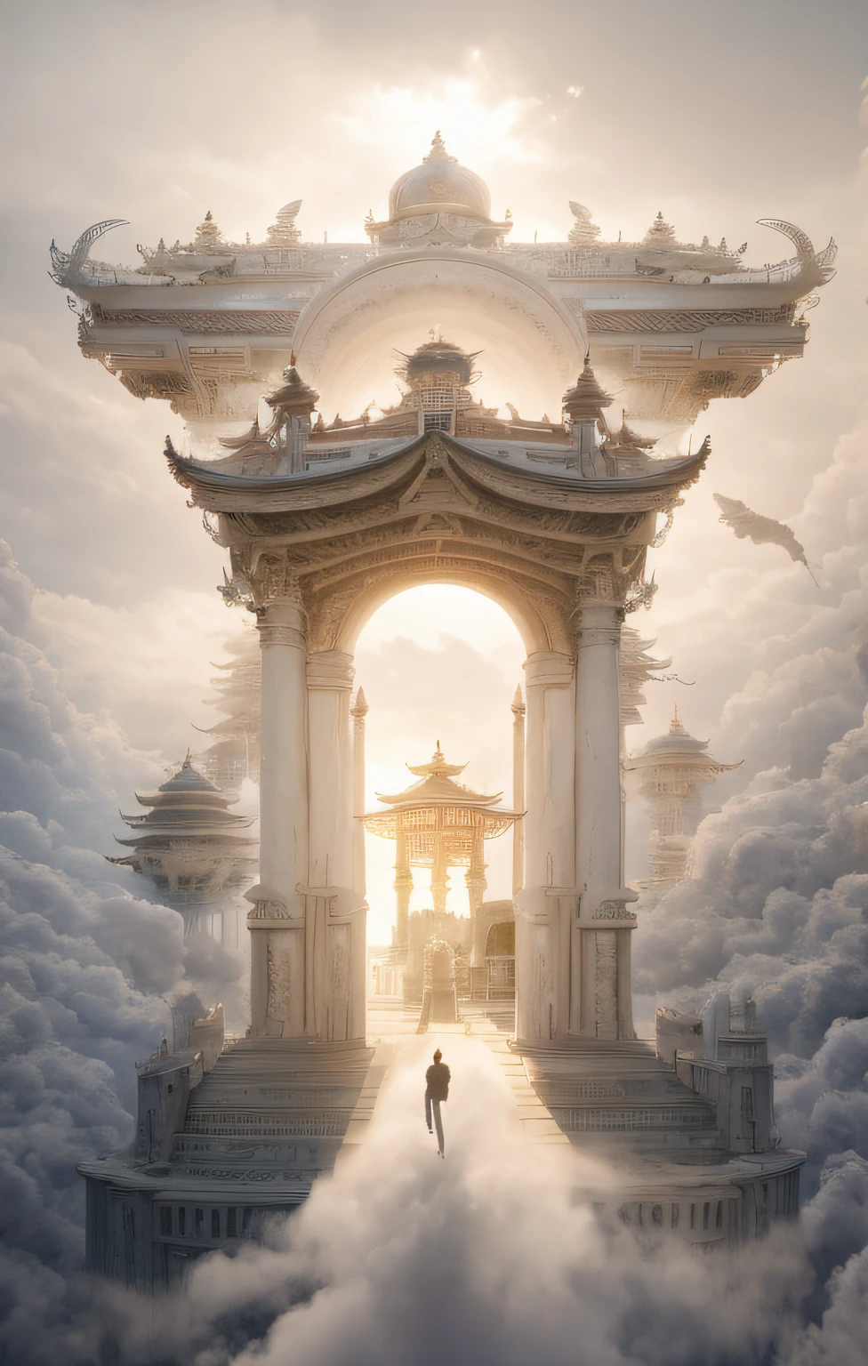 There was a man in the cloud standing in front of the door, iintricate、Epic composition, highly detailed surreal vfx, elaborate matte painting, heaven gate, extravagant matte painting, heaven gate, Realism | beeple, entrance to ethereal realm, beeple and mike winkelmann, intricate matte painting, exquisite matte painting, amazingly epic visuals，Chinese classical，HD engraving，Bucket arch structure，and its complex