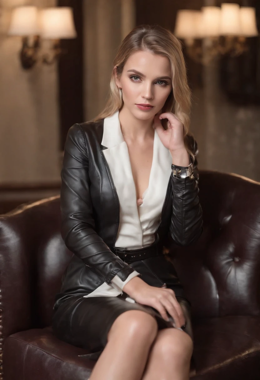 Black leather gloves with five fingers in both hands, black leather tight skirt, white blouse, black leather long boots, sit on a luxurious leather chair with your feet together, both hands of leather gloves are aligned on your knees, American cute blonde girl actress with her hair tied behind her back