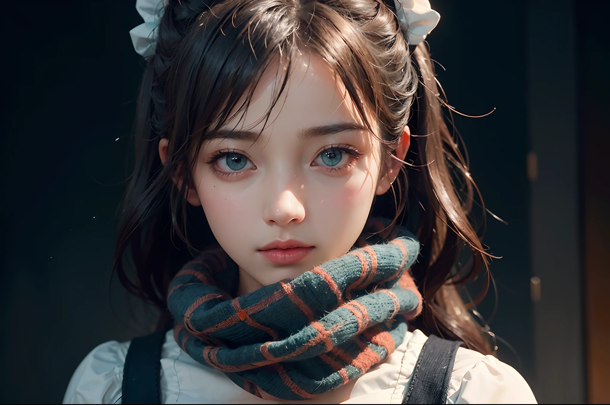 masterpiece,best quality,official art,extremely detailed CG unity 8k wallpaper,large breasts, 1girl, upper body, face close up,scarf, maid, snow shelter,exposure blend, medium shot, bokeh, (hdr:1.4), high contrast, (cinematic, teal and orange:0.85), (muted colors, dim colors, soothing tones:1.3),