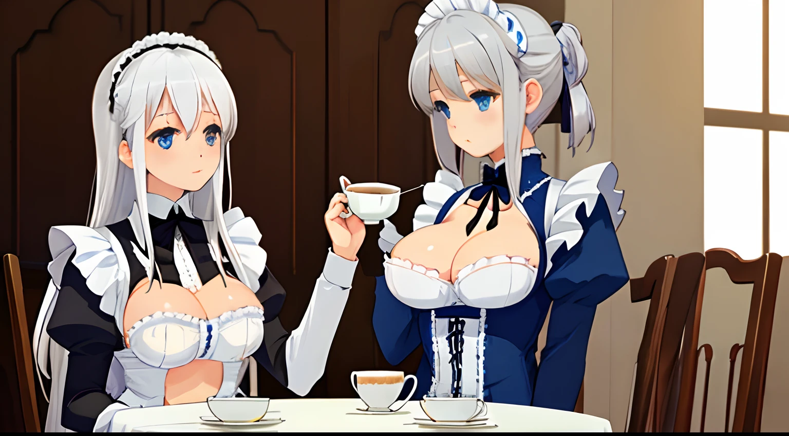 café
Pretty girl
Silver-white hair　blue eyes
Maid clothes with less cloth area
You can see the beautiful lower breast and stomach、Big tits
Sitting in a chair
Drinking tea at the table