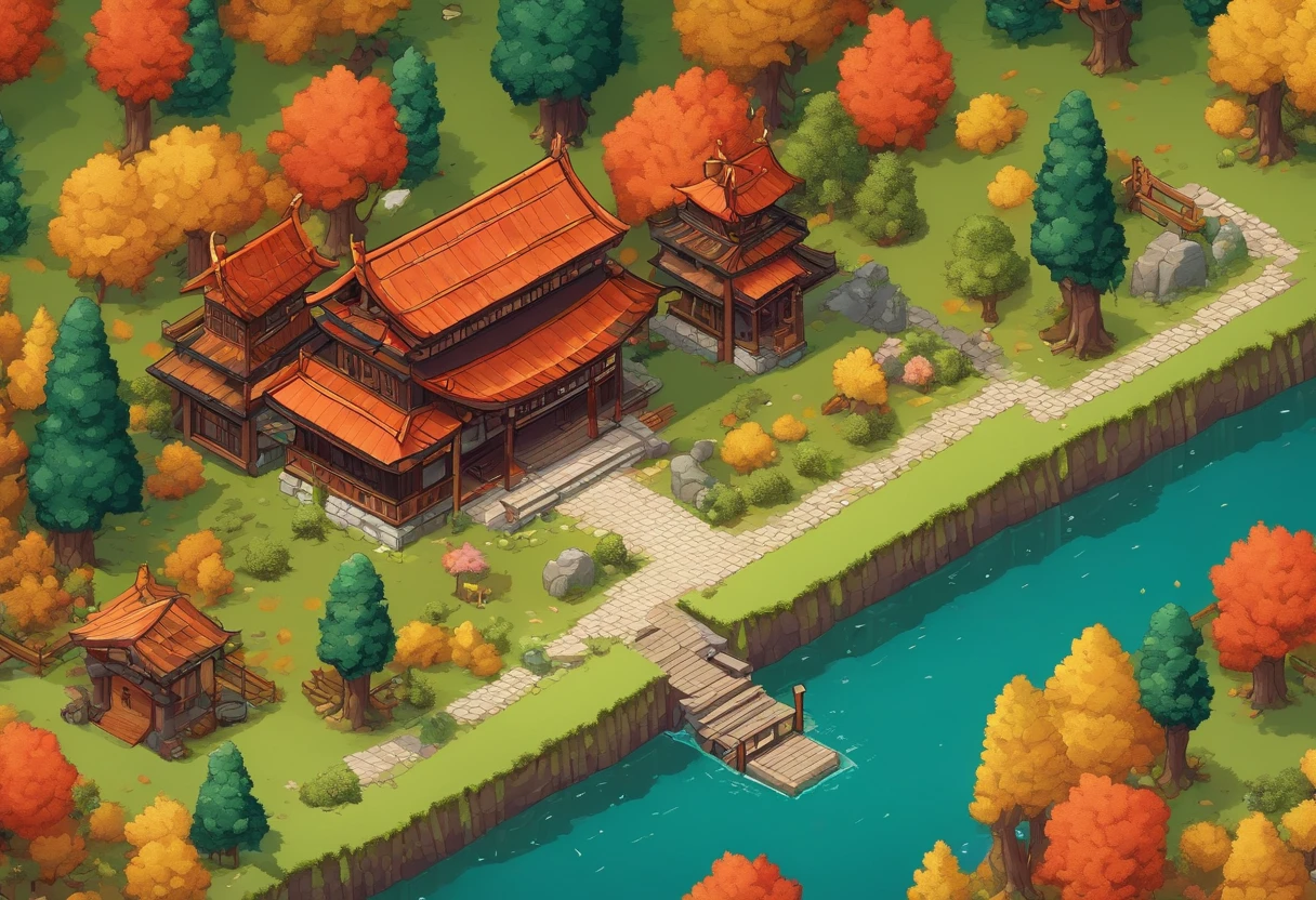 16-bit, 16-bit gaming, Pixel art, Japanese RPG battle scene, 80's games, Monster, ln the forest,Autumn scene,Small river,European country style,Town, load, Car, Pixel art, points, Quarter view, iso-distance view,