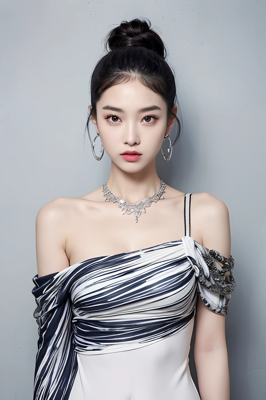 (extra detailed body、extra detailed face、best qualtiy:1.2)、femele、looking at the viewers、(Wacky fashion、Large shoulder-length piercings、a necklace、Clothes with strong contrast of gray and blue and white and black、asymmetry)、(Contrasting white and gray wall on background)