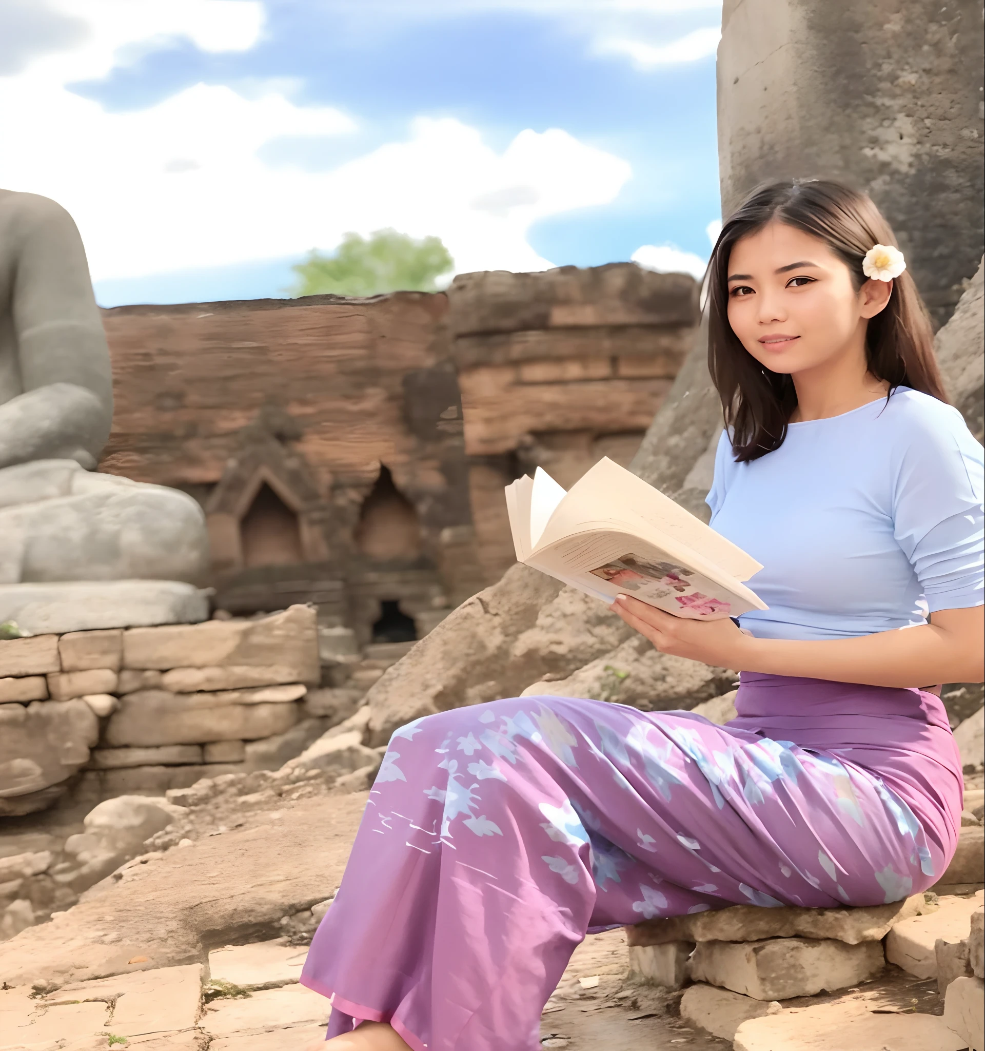 arafed woman sitting on a rock reading a book, sukhothai costume, at an ancient city, temples behind her, in front of a temple, village girl reading a book, ancient ruins behind her, anime thai girl, sitting on temple stairs, in ancient city ruins, high quality image, traditional clothes, with a castle in the background