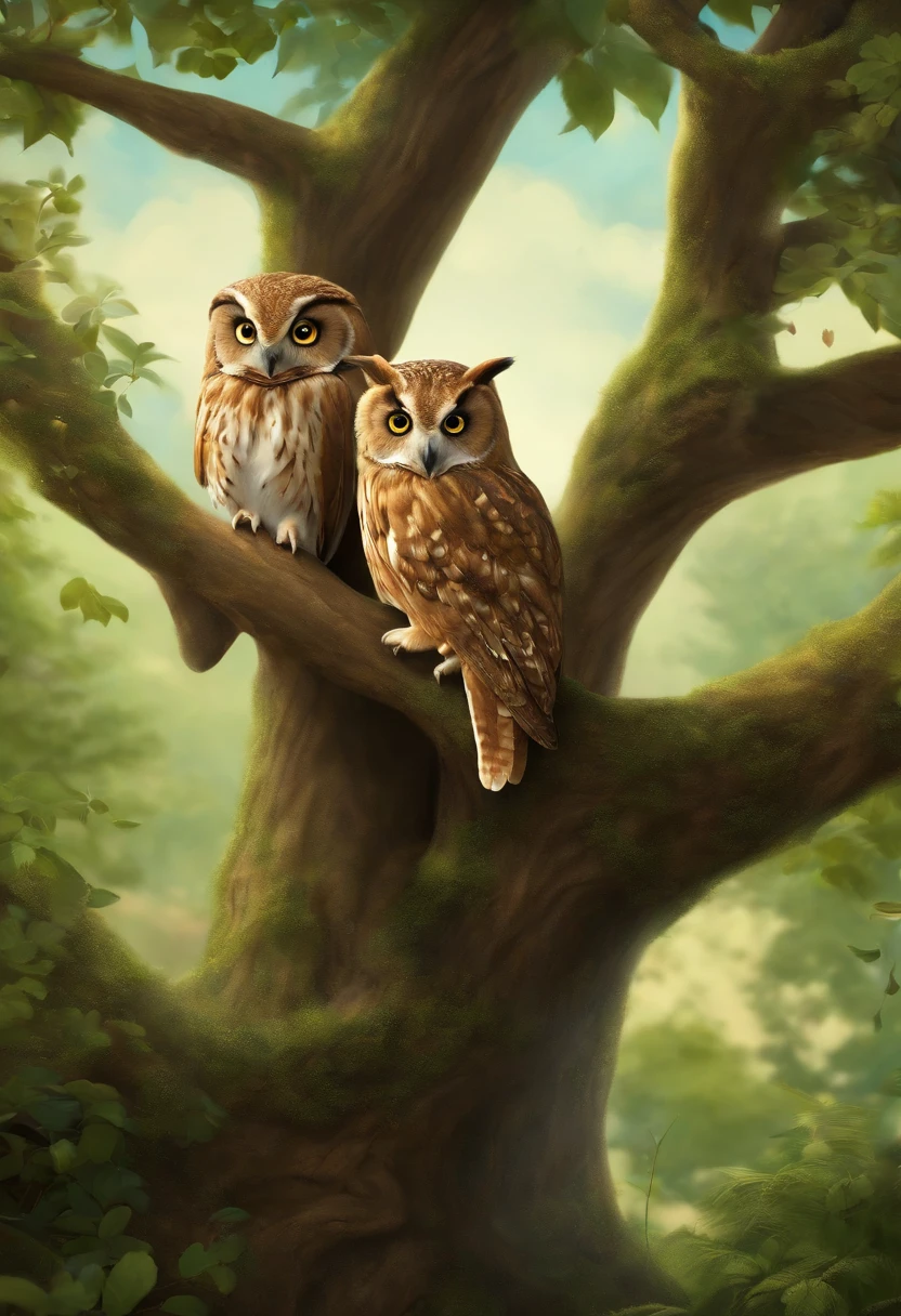 插圖: The wise owl and the curious rabbit talking under a tree.