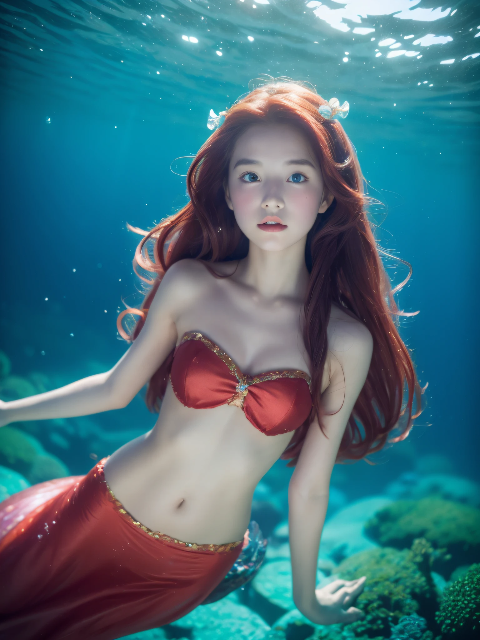 8K、Girl dressed as The Little Mermaid Underwater - Sea、mermaid、-yeld beiful girl、