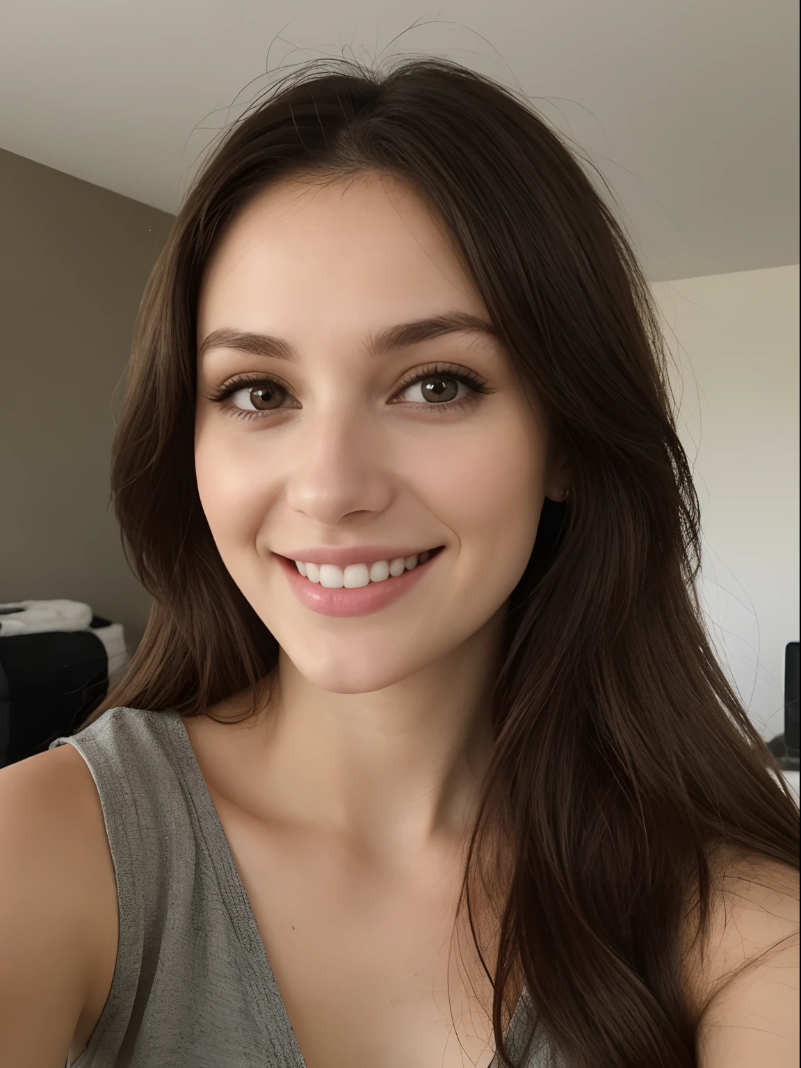 fille,18 ans, extremement réaliste, peau détaillé, vraie photo, brune, cheveux très long et lisse,visage d'adolescente, beaux yeux marron, bouche légèrement pulpeuse, habillé avec un top en dentelle noire cachant ses seins gros sein naturel, regard charmeur, string noir, fond d'une chambre, réaliste, instagram, beau sourire, visage détaillé