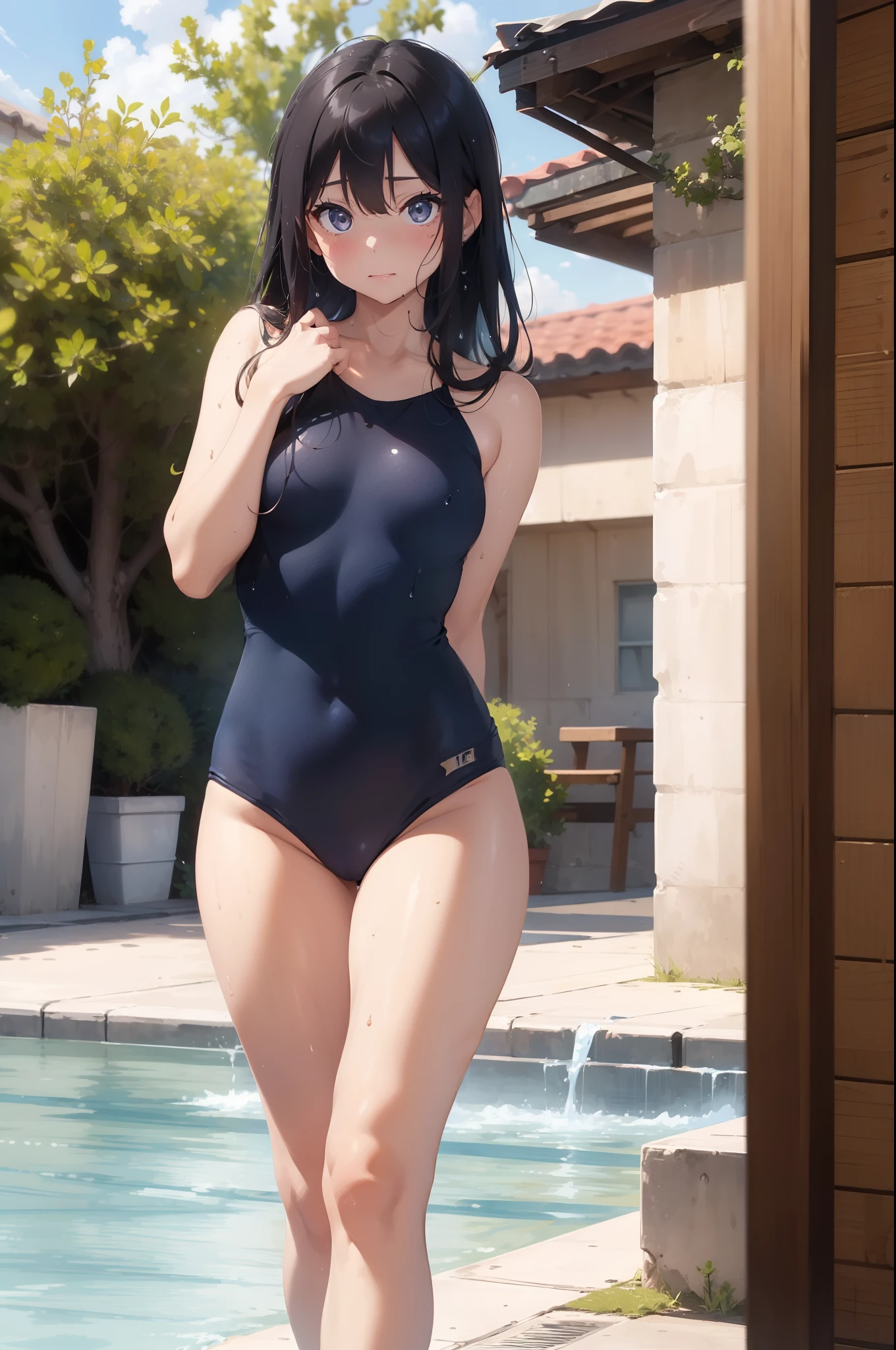 ((((fullnude))))((top-quality))、((​masterpiece))、1girl in、Formal-up、beautiful detailed eyes and face、pretty skin、Realistic、a very cute、22year old、School swim wear(Dark blue color、Simple design、Matte texture、Wrinkle、Wet、Polyester material、shadings、)Wet body、Anime Face、Beautie、Facing the front、big eye(Beautiful fece、Anime Face、Clear eyes、Fine details、beautidful eyes)Well-formed face(Beautiful nasal muscles、Perplexed、sharp mouth)full of sweat、sodden、Wet feeling、Background with(sunny sky、takeout)、8K picture quality、perfectly proportions、A slender、red blush、female focus on, hair adornments,length hair, Look at viewers,((pee))((pissing))((water dripping))