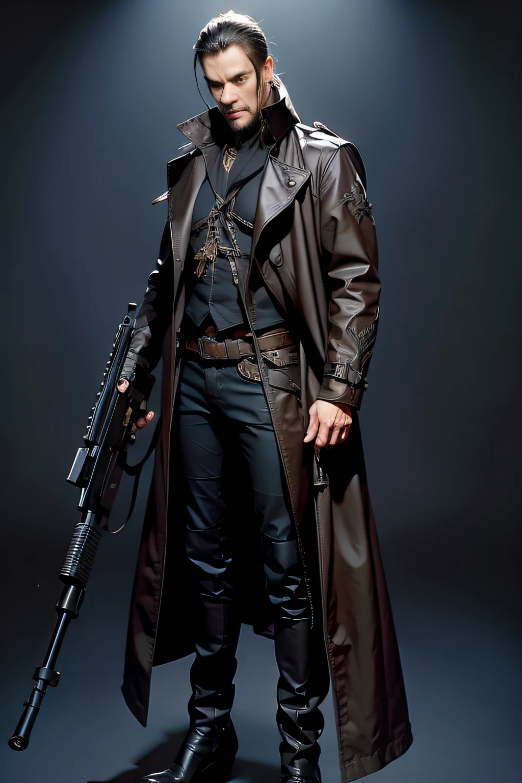 Demon hunter, Full body like, With a short gun，Diablo style, male people，Vintage trench coat，Trench coat with lapels， metal decoration，Pirate outfit，thongs，mistic，cowboys，With a short gun， hyper HD, Masterpiece, Textured skin, Anatomically correct, Best quality