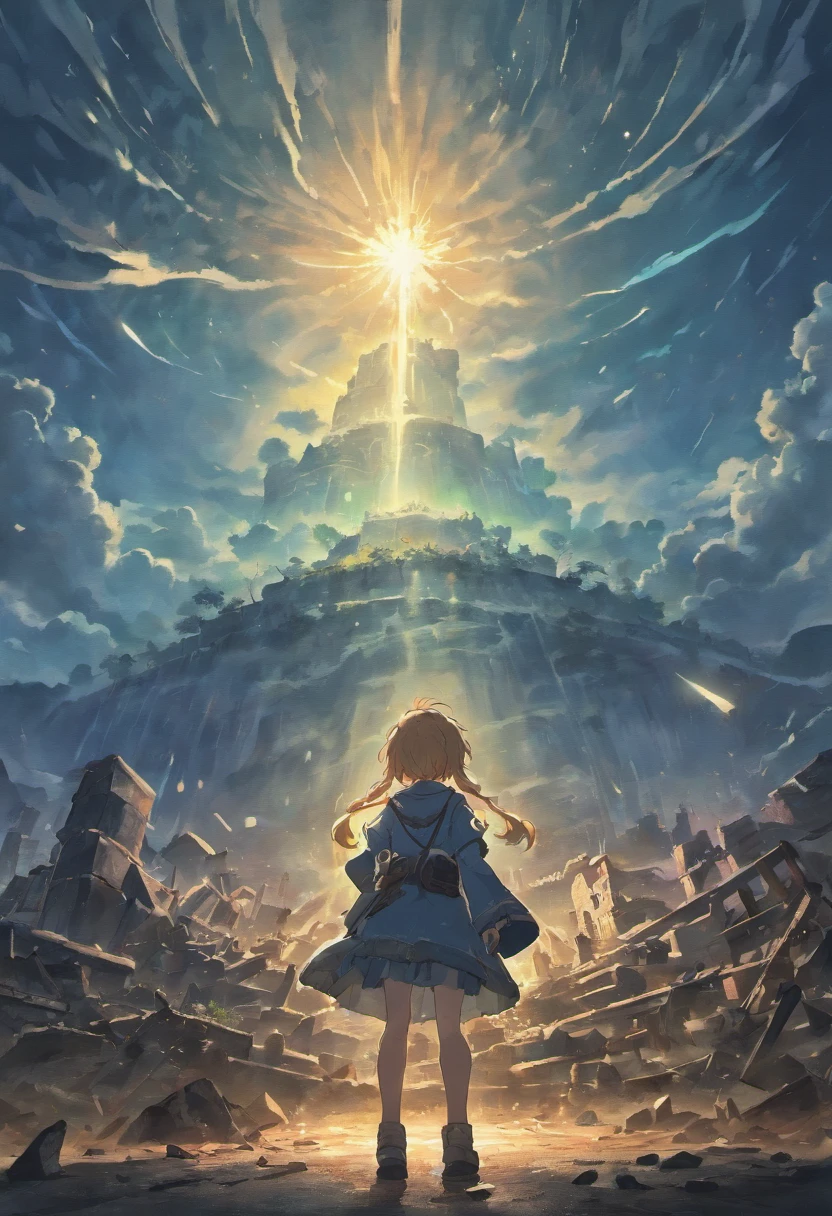 Ultra-long viewing angle，Relics Island，Scattered ruins，The sky is dark in the distance，Thunderclouds surge，