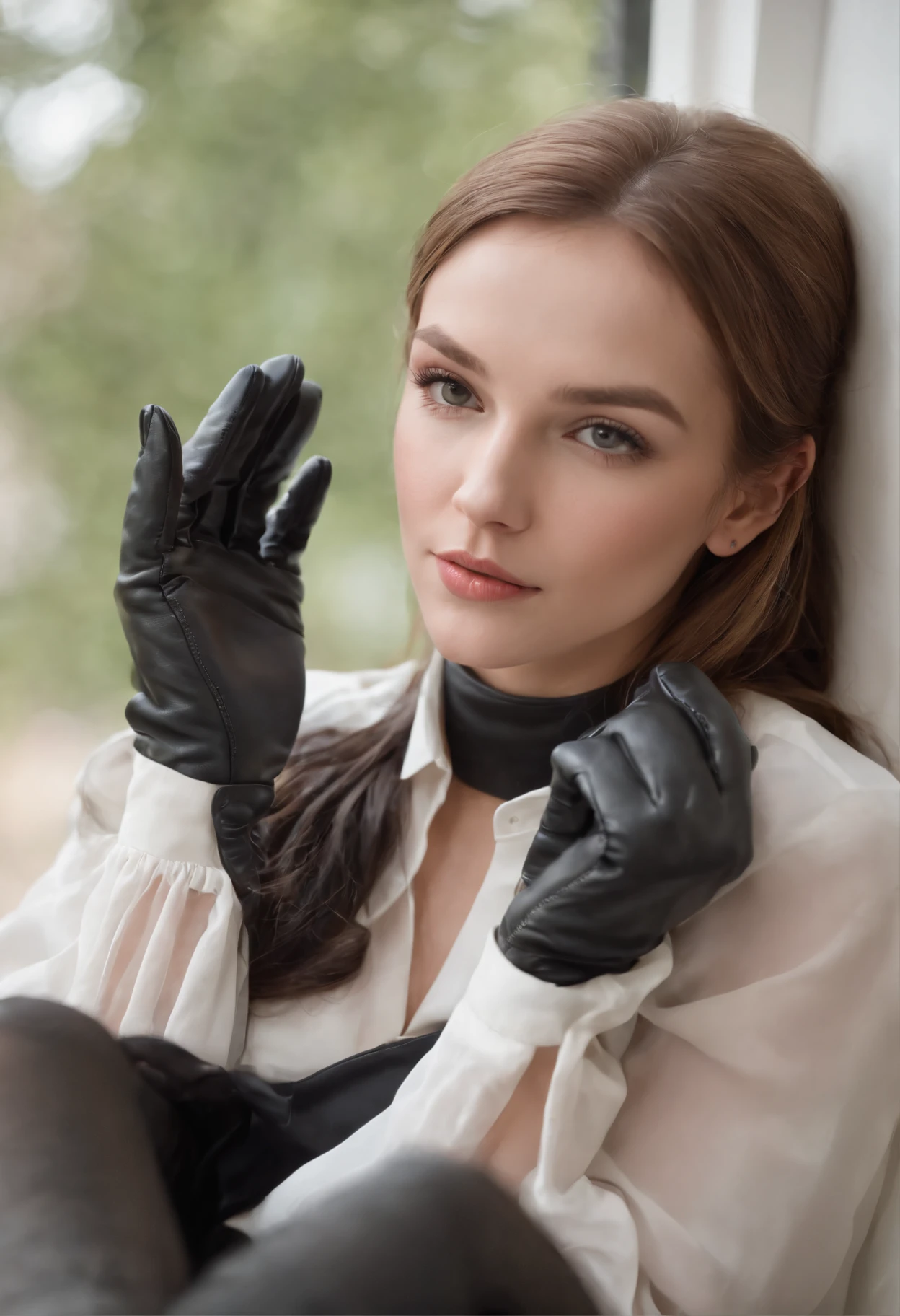 Black leather gloves with five fingers in both hands, black leather tight skirt, white blouse, black leather long boots, sit on a luxurious leather chair with your feet together, both hands of leather gloves are aligned on your knees, American cute blonde girl actress with her hair tied behind her back