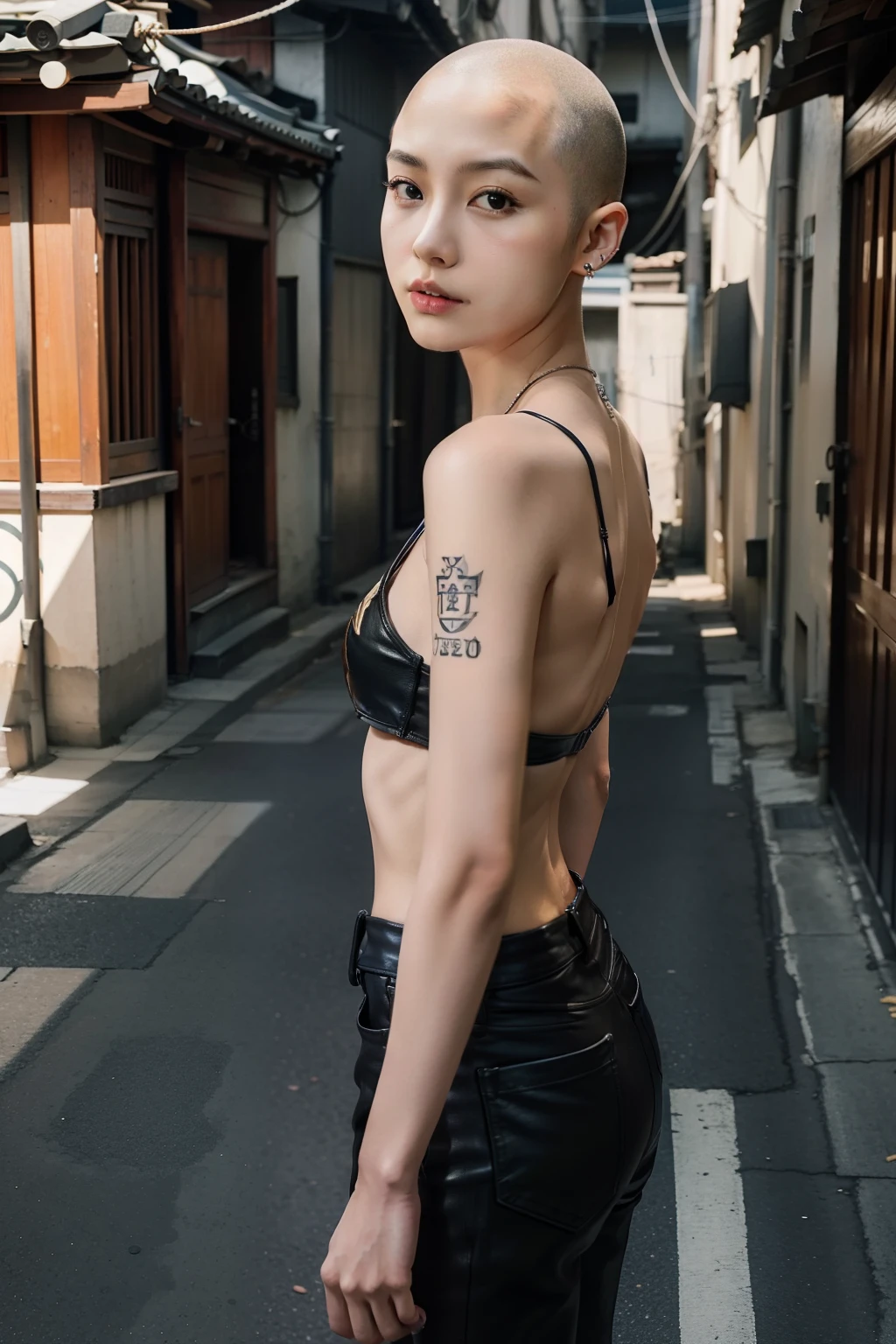 （Top image quality、top-quality、Top resolution、hyper realistic photography、Full body photo、​masterpiece、）1人の女性、Very beautiful face、Korean rock musicians、Asian Beauties、Super Berry Shorthair、very, Very short hair、Shaved head、Bald head、slippery head、Ridiculously short hair、Head Like a High School Ball ???、Shorter hair than boys、Shaved Girl、short hair like a monk、skin head、Bald、I shaved my black hair about 3 meters,,,,、Slender body、Leather Jean、tattooed、piercings、outside of house、TOKYOcty、Back alley、natta、电影灯光