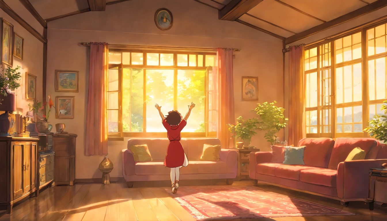 Morning sunlight shines through the windows in the spacious and bright living room,Illuminated the excited face of his cousin。 The cousin waved her arms as she could,While jumping back and forth in the living room,