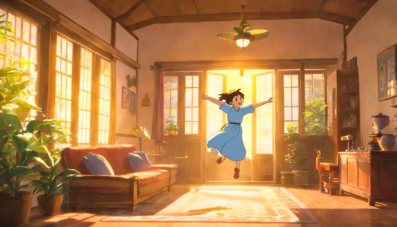 Morning sunlight shines through the windows in the spacious and bright living room，Illuminated the excited face of his cousin。 The cousin waved her arms as she could，While jumping back and forth in the living room，