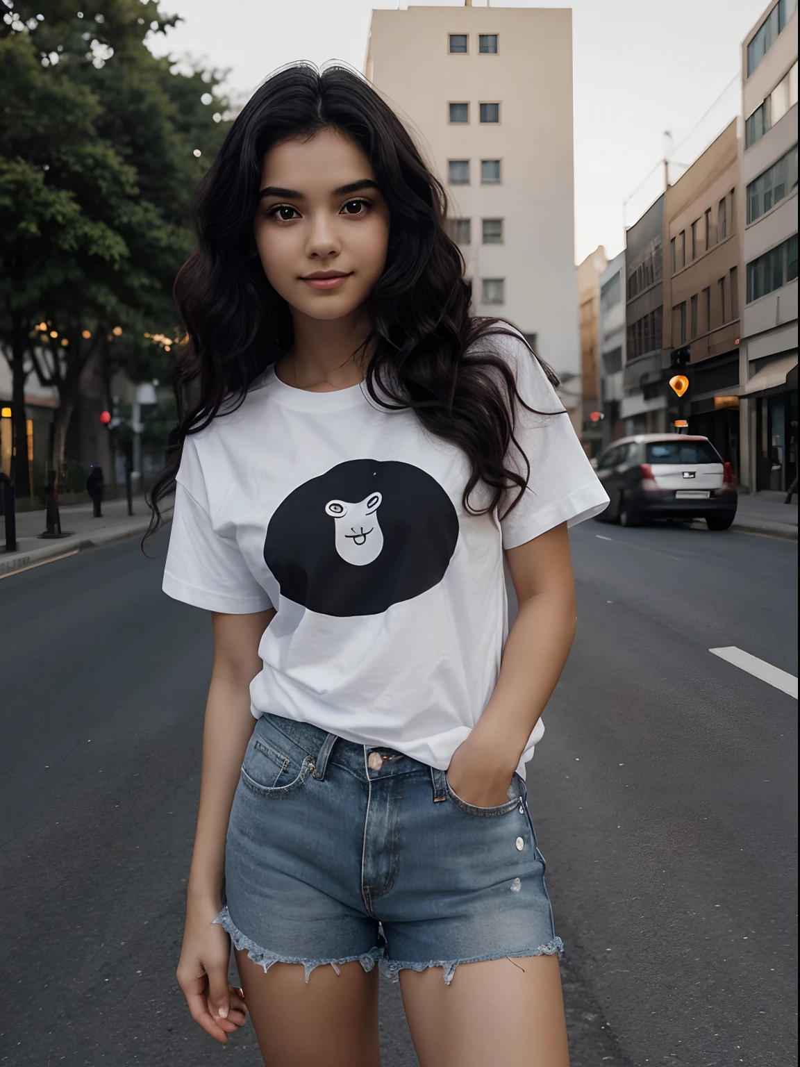 beautiful woman, oval face, 22 years old, short clothes, looking left side down, looking she is thinking about something with a shy smile , in the middle of the street, fair skin tone, wavy hair, dark black hair, mid sized hair, xlarge oversized tshirt, little makeup