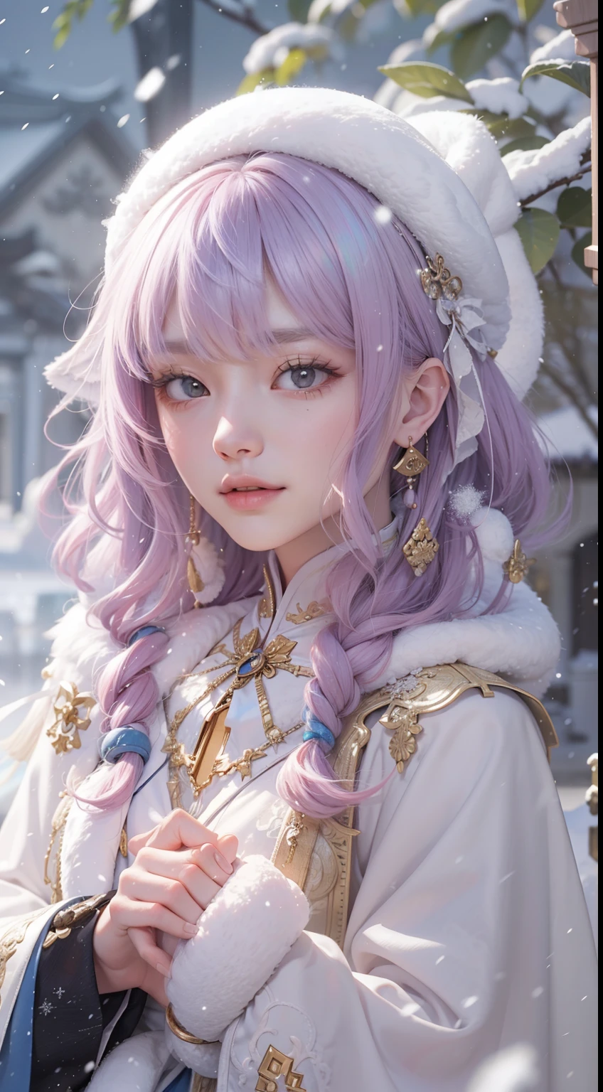 Works of masters,Best image quality,超高分辨率,8K分辨率,Sitting,solo person,femele,ssmile,long whitr hair,Pink hair,crossed bangs,Wave head,Bracelet,Collar,pendant,ta costume,snowflower,Winters,Temple,New Year,Opal rendering,Cinematic lighting,(Falling snow,cloaks),