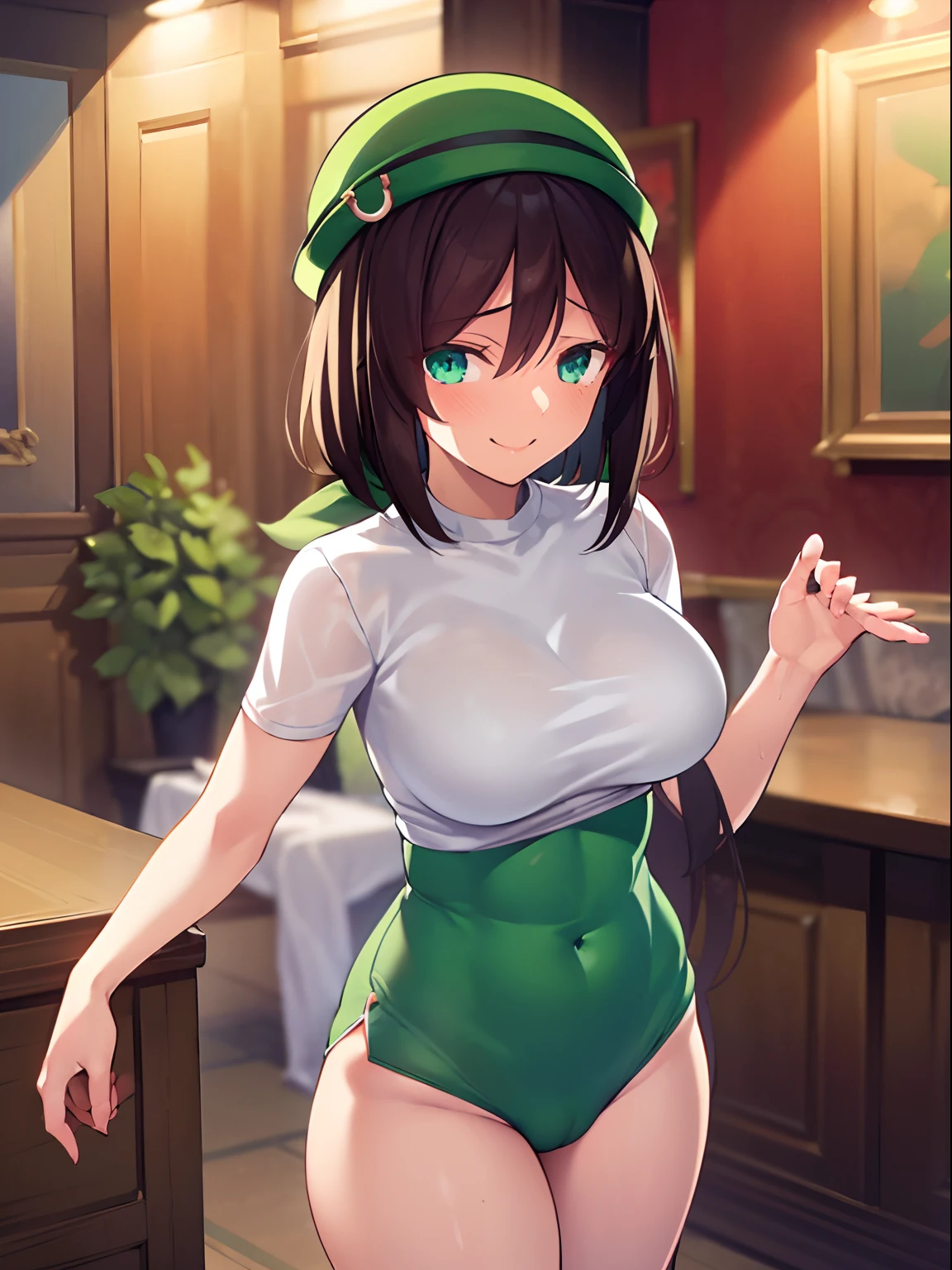 1girl in, wide hips, Colossal tits, Big ass, (Best Quality, 8K, masutepiece: 1.3), Clear focus: 1.2, Perfect Body Beauty: 1.4 , Slender Abs: 1.2, Highly detailed facial and skin texture, Detailed eyes, Double eyelids, (tshirts),(Green bloomers)、(Green hat) (Miss Deriheru seducing guests)、Butt sticking out pose、(a short bob)、Erotic Poses、Nasty smile、(incontinence)、full of sweat、One eye is hidden by hair、Full body like、(A dark-haired)、Red face、Touching the crotch、Tazuna Surugawa(Uma Musume)、is in estrus