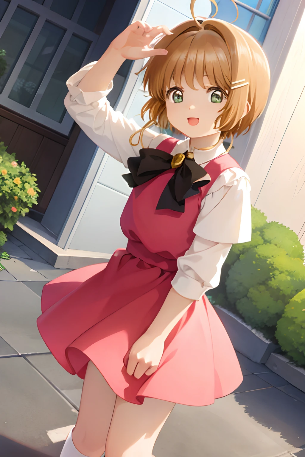 masterpiece, best quality, highres, kinomoto sakura, 1girl, brown hair, short hair, antenna hair, ahoge,