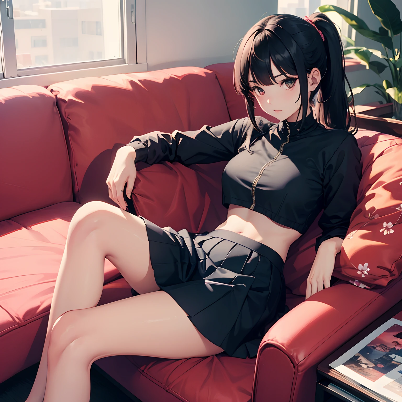 (masterpiece, best quality), beautiful woman, crop-top with floral pattern, short skirt, cleveage, underboob, wavy hair, ponytail, asymmetrical bangs, perfect face, beautiful face, alluring, big gorgeous eyes, soft smile, perfect slim fit body, indoors, couch, sitting down, bright colors, (risograph), full body shot, medium breasts, solo, cleveage, sexy