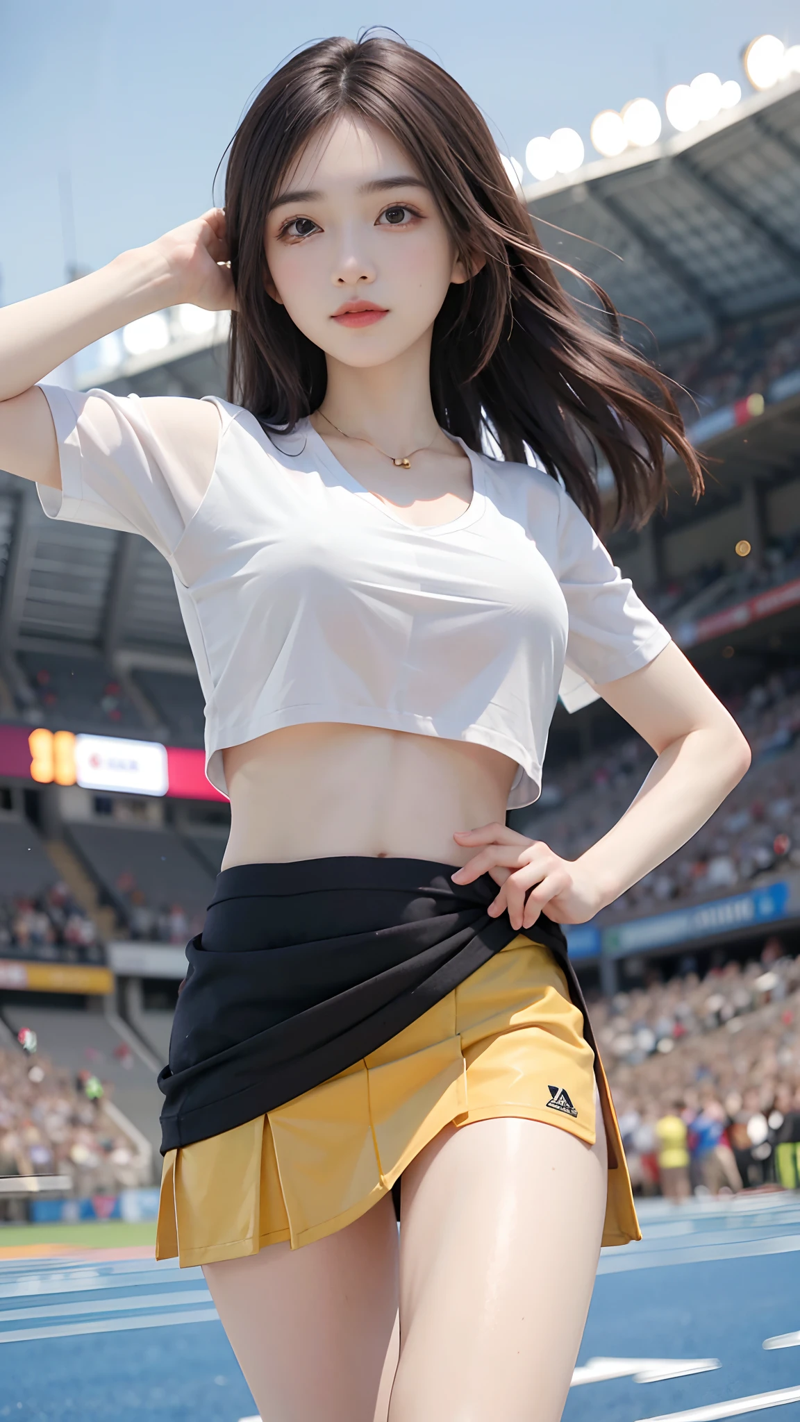 4k ultra hd, masterpiece, best quality, a girl, sports girl, happy, good face, smile, detailed eyes, detailed lips, very long hair, Multicolor floating hair, slim body, sweaty body, medium breasts, tight abs, narrow waist, golden costume, short sleeves, cropped top, opened jacket, black jacket, skirt, dark shadow, bright sunshine, stadium background, running pose,