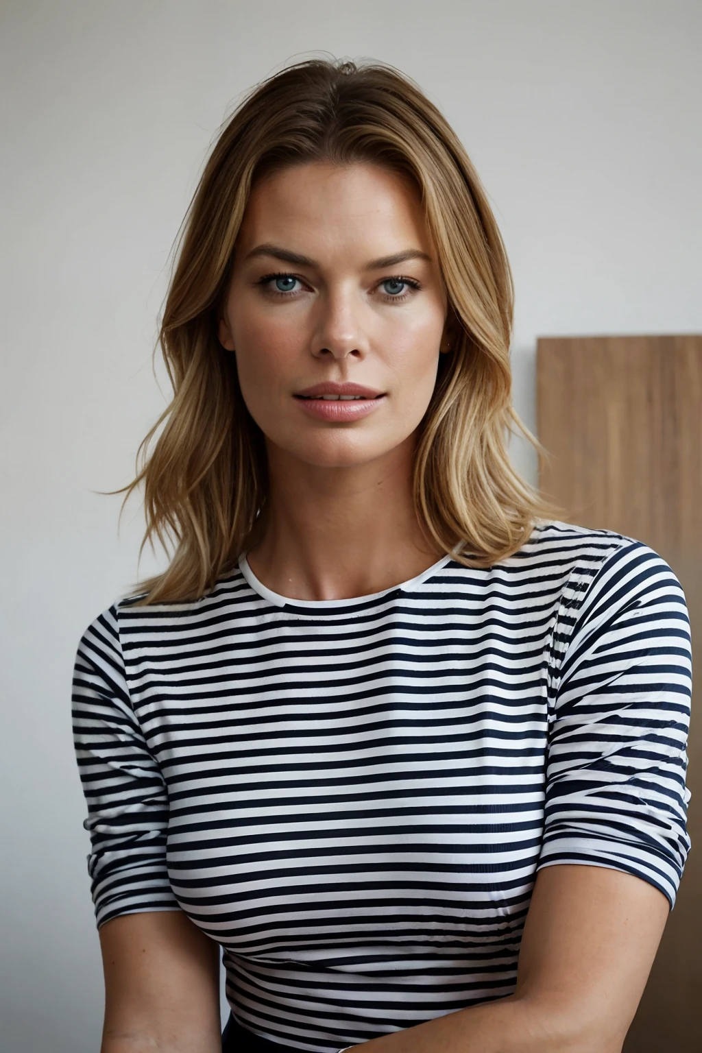 Rebecca romijn wearing a striped shirt, a portrait by Isabel Naftel, trending on pinterest, bauhaus, minimalist, angular, ornate