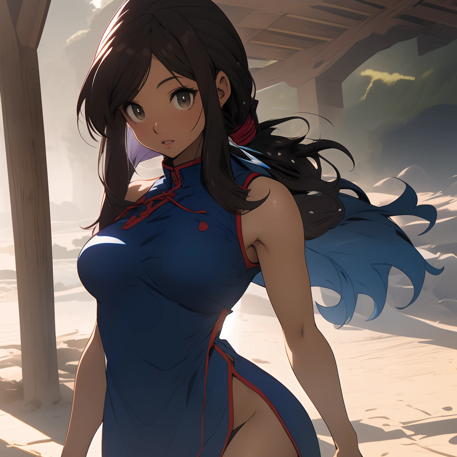 (obra maestra, La mejor calidad:1.2), Chichi Waifu, Chichi, dragonball, dragon ball,Cabello largo, Cola de caballo, cabello negro, hombros descubiertos, escote, brazos descubiertos, bare shoulders, naked arms, hands on breasts, cabello en movimiento,Dynamic hair,flequillo contundente, bloqueos laterales, ojos marron claro, escote,Vestido chino, vestido azul sin mangas, mostrando muslos, piernas hermosas, posando sexy, Sensual, coqueta, fondo realista, cleveage, flirty, mostrando muslos, Retrato de cuerpo completo,