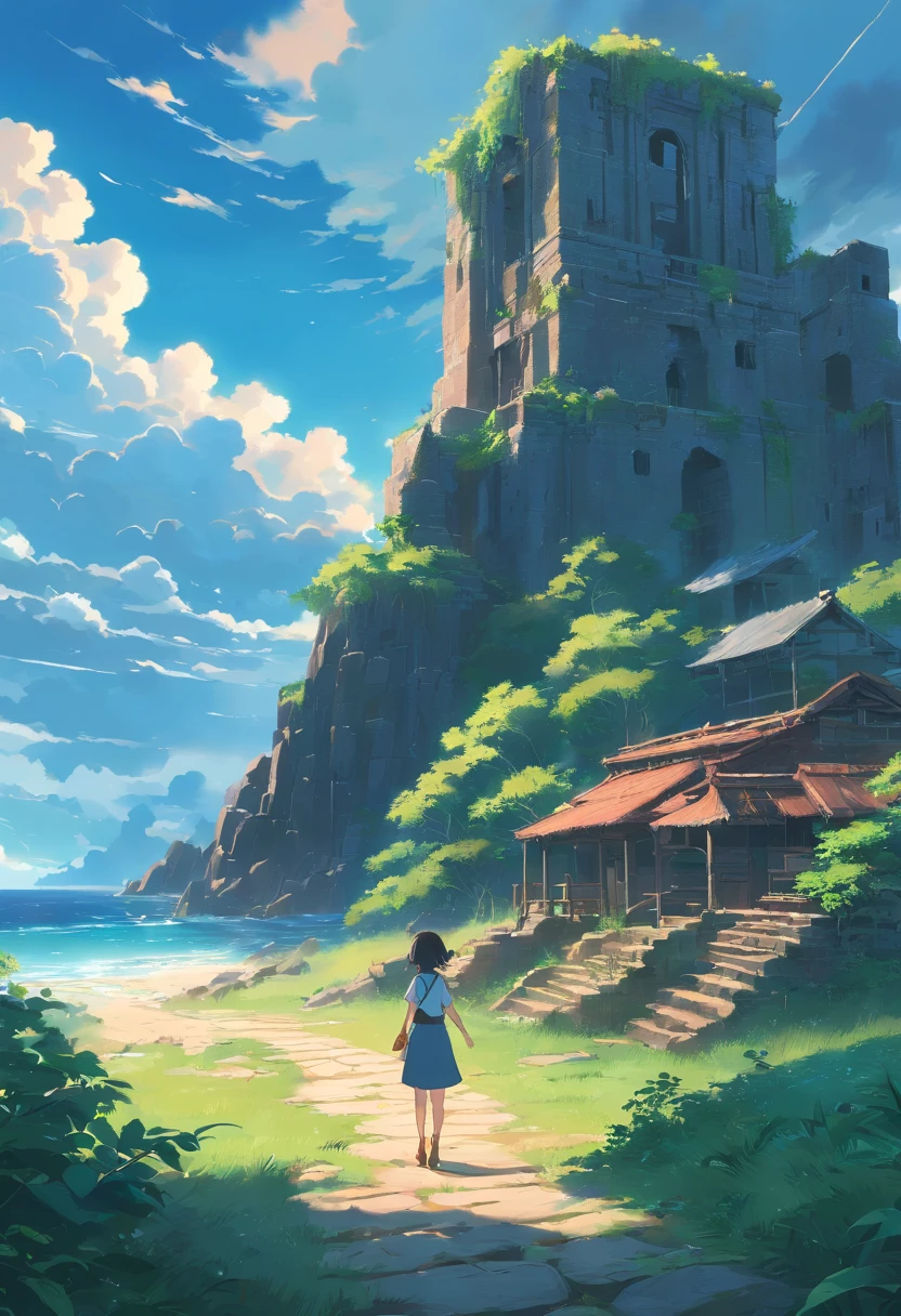 Ultra-long viewing angle，Great ruins island，Scattered ruins，The sky is dark in the distance，Thunderclouds surge，