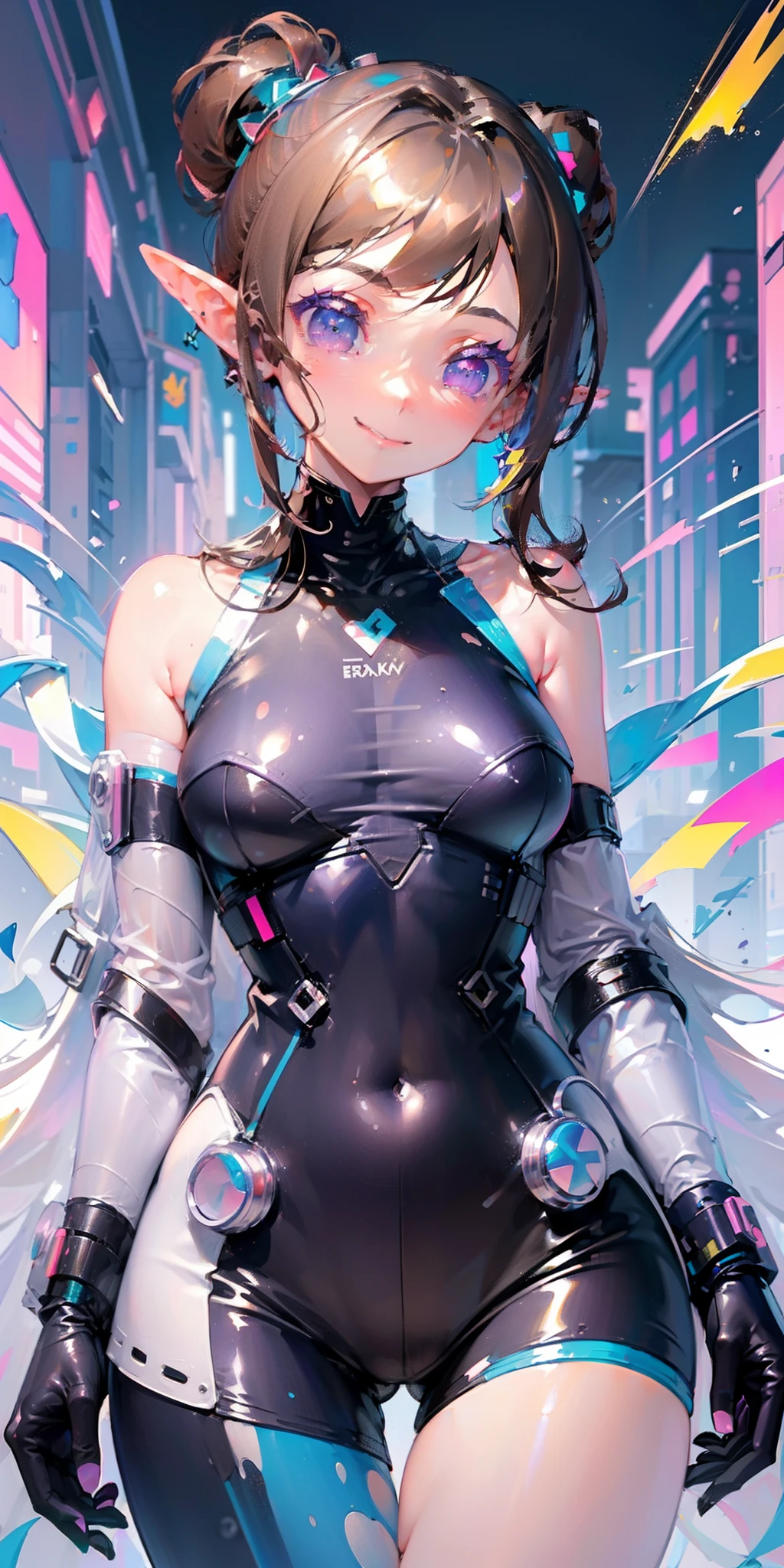 1 girl, pastelcolor, A brown-haired, Violet eyes, Hair up to the shoulders, ears of elf, Cyberpunk clothes, Shoulders open, Hands open, Slimming the waist, A happy smile with a long tongue sticking out, Long tongue, whole-length, legsupms, Reference, Anime reference, Reference roles from different angles, white backgrounid
