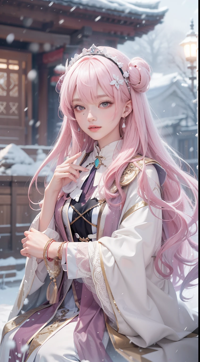 Works of masters，Best image quality，超高分辨率，8K分辨率，Sitting，solo person，femele，ssmile，long whitr hair，Pink hair，crossed bangs，Wave head，Bracelet，Collar，pendant，Lolita costume，snowflower，Winters，Temple，New Year，Opal rendering，Cinematic lighting，(Falling snow，cloaks)，