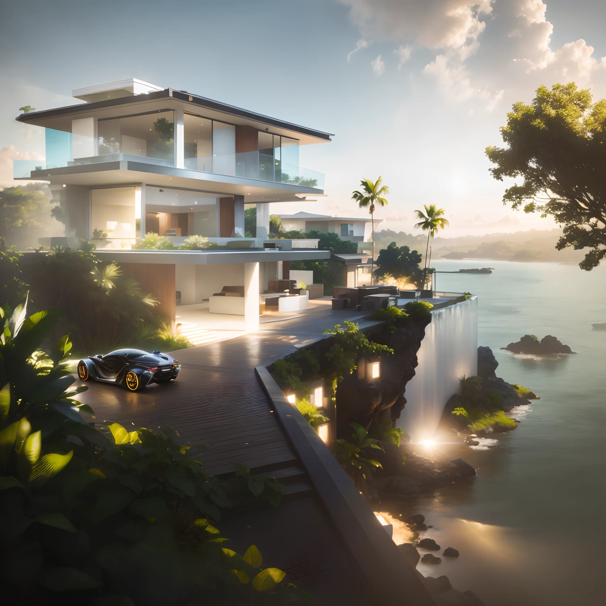 Hyper realistic eye level exterior photo of a futuristic style house overlooking the jungle, daylight, indirect lighting