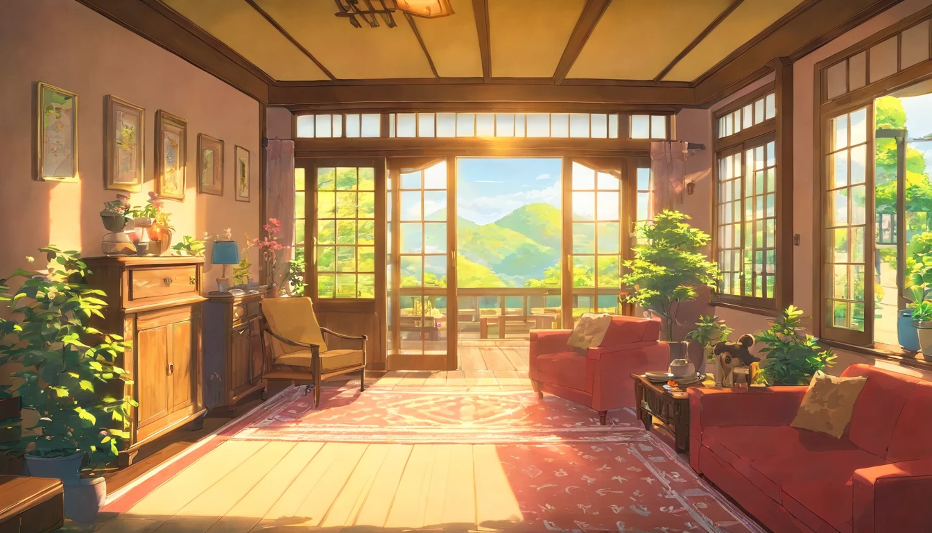 Morning sunlight shines through the windows in the spacious and bright living room,My sister laughed with me