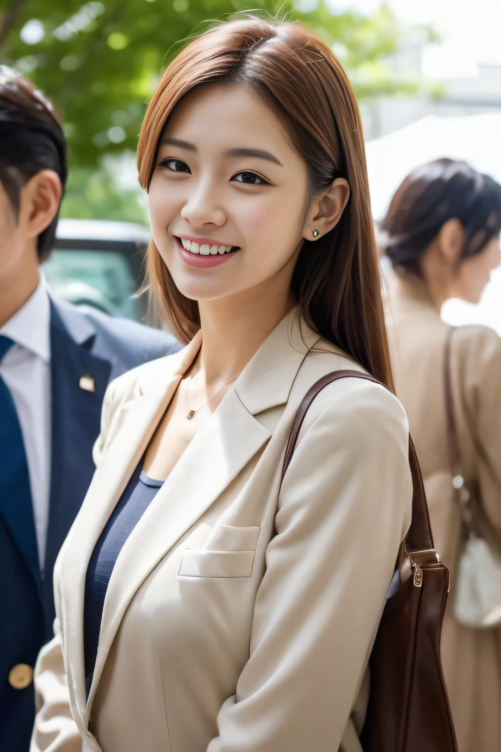 Realistic Japan woman in suit, beautiful japanese female, goddess of Japan, Beautiful Japan Female Face、Sexy Japan woman、facing front、Narrow-eyed、Single eyelid、Small eyes、tthin eyebrows、drooping eyes、30-year-old woman with、low nose、thin lipss、Dimples、small tits、Suppin、Being in the beer garden、Drinking beer、Drunken cheerful face