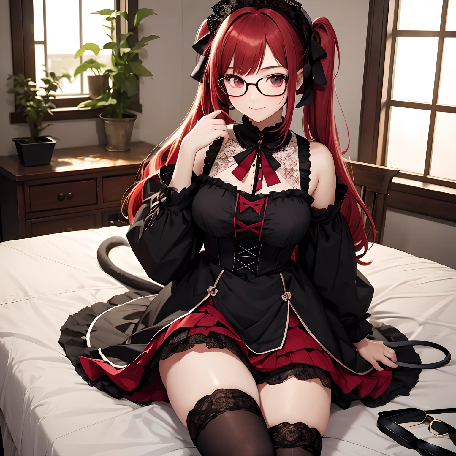 Create a Mavuika illustration, a character from the game Genshin Impact. She's a mature woman. she has big breasts. She must be in a bed with a very naughty expression, On open legs. Mavuika has long, loose red hair., His eyes are big and red. She must be wearing a black blouse and pants. with a piece of panties showing. with red details. she has glasses. she must be in a very sexy pose. The scene must be vibrant and full of details.