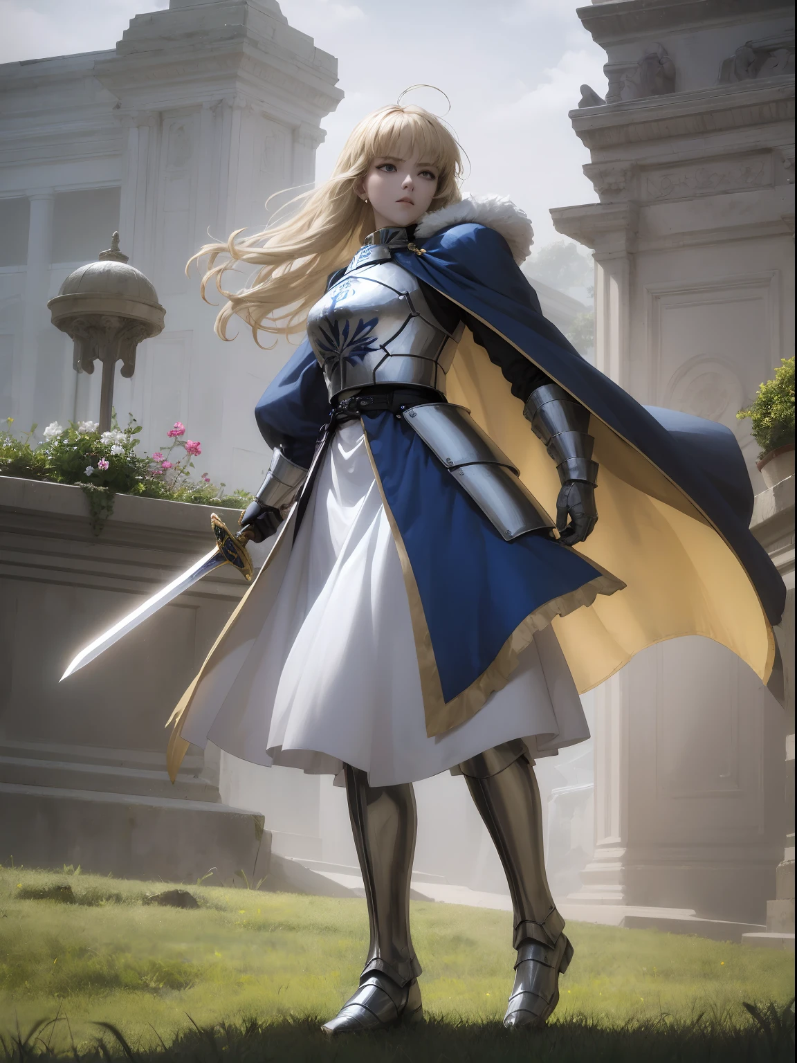 1girll,A face,Artoria,king arthur,King of Britain,FATE series,Knight King,medieval times,Majesty,((Bright blonde hair)),Stand on the grass,Golden sword,The sword is in the middle of the picture,Close-up of the sword,Plug it into the ground,Sword in both hands,ln the forest,Serious expression,Heavy sterling silver armor,Sterling silver leg armor,Sterling silver armour,Dark blue heavy cape,Fur edges,Huge dark blue round battle skirt,Gold lace,Coiled hair,Poor milk,Green eyes,Solitude,A half body,(超高分辨率),(Ultra-high sharpness),tmasterpiece,品质最佳