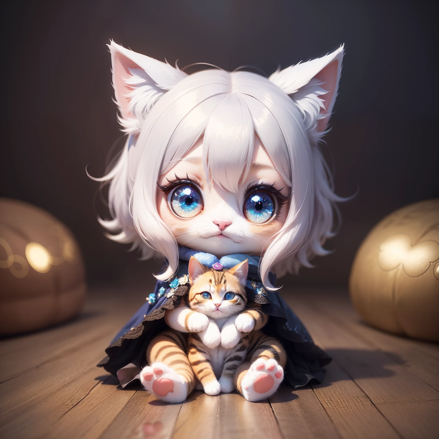 A kitten, Cute, Big eyes, a sticker, Glitter in the background, Cartoon style, Chibi, 8K Sequins、kirakira、Small animal with fluffy fur second blue-eyed feathers growing on fantasy background, Cute little flower cat, Lucky Cat, com mascot, It means getting rich, frontage, ((Sit on a red cushion)), ((cat paws)),Dressed in gorgeous Hanff, raise a hand, Smile, HD anime-style digital art, blindbox, Bubble Mart, handicraft, detailed digital 2d fantasy art, 8K high-quality detail art, Detailed Digital Anime Art, Porcelain texture, high details, ccurate, high details, ccurate, high details, ccurate, high details, ccurate, high details, ccurate