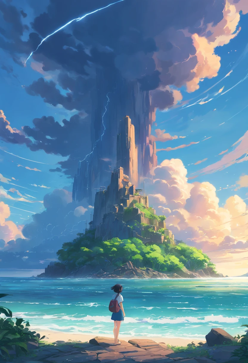 Ultra-long viewing angle,An island in the sea,Relics Island,Scattered ruins,The sky is dark in the distance,Thunderclouds surge,