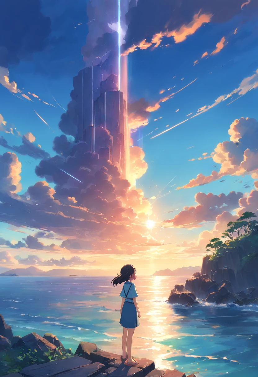 Ultra-long viewing angle,An island in the sea,Relics Island,Scattered ruins,The sky is dark in the distance,Thunderclouds surge,