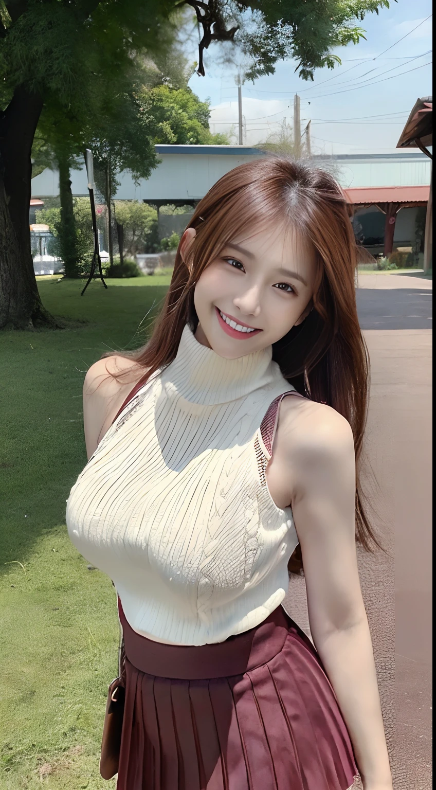 ((top-quality、8K、​masterpiece:1.3))、a beauty:0.8、highlydetailed skin、real looking skin、Japan beautiful girl at 18 years old、(White long sleeveless sweater、high neck、no brassiere、Shoulder Bag、shoulder straps、dark red pleated skirt、clothed、Twin-tailed:1.4)、(bare arms:1.4)、a park、middle hair、brown hair、(smile:1.5)、(huge tit、erect nipples:1)、Plump、(from side、from above、looking at viewer)、(cowboy shot、breast focus)、walking、outstretched arms