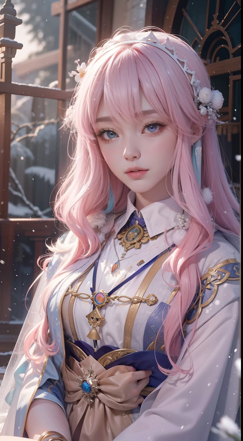 Works of masters,Best image quality,超高分辨率,8K分辨率,Sitting,solo person,femele,ssmile,long whitr hair,Pink hair,crossed bangs,Wave head,Bracelet,Collar,pendant,ta costume,snowflower,Winters,Temple,New Year,Opal rendering,Cinematic lighting,(Falling snow,cloaks),