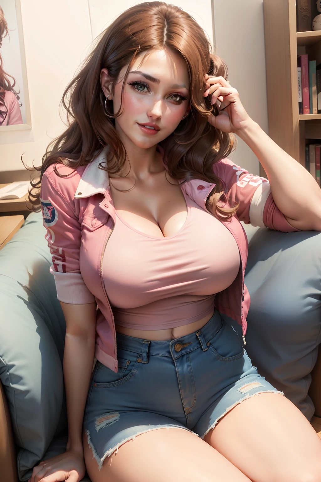 Lucy Pinder, portrait, face portrait, smiling, voluptuous, cleavage, red lips, wavy hair, brown hair, ((pink T-shirt)), ((jean jacket over T-shirt)), white jeans, sitting.