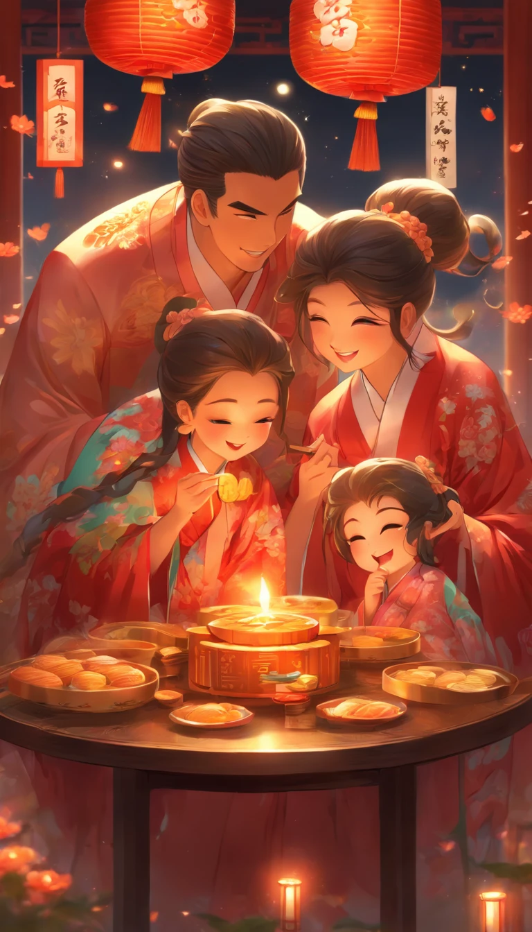 A family of three eating mooncakes，Happy expressions of parents and children，There are mooncakes on the table, Food in hand, The round moon hangs high with lanterns,Chinese style painting, exciting illustration