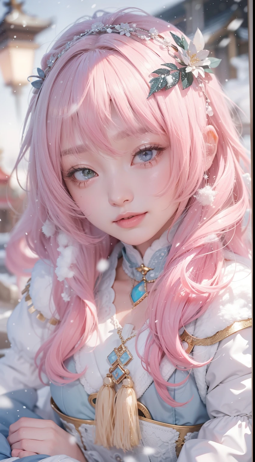 Works of masters，Best image quality，超高分辨率，8K分辨率，Sitting，solo person，femele，ssmile，long whitr hair，Pink hair，crossed bangs，Wave head，Bracelet，Collar，pendant，Lolita costume，snowflower，Winters，Temple，New Year，Opal rendering，Cinematic lighting，(Falling snow，cloaks)，