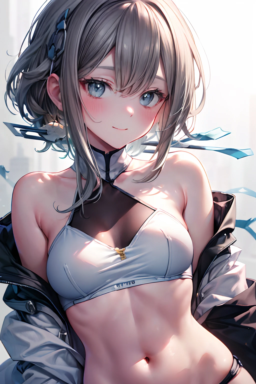 (((Masterpiece))), (portrait), diffused light, dynamic shadows, sharp focus, realistic, detailed, highres, absurdres, anatomically correct, slight smile, white background, torn clothes, looking to the side, belly button, medium breast, blush