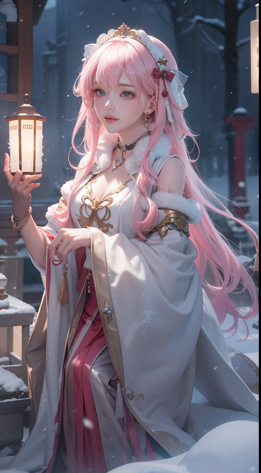 Works of masters,Best image quality,超高分辨率,8K分辨率,Sitting,solo person,femele,ssmile,long whitr hair,Pink hair,crossed bangs,Wave head,Bracelet,Collar,pendant,Lolita costume,snowflower,Winters,Temple,New Year,Opal rendering,Cinematic lighting,(Falling snow,cloaks),